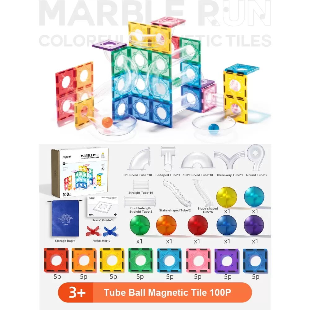 Đồ Chơi STEM Thiết Kế Đường Bóng Cho Bé Mideer Colorful Magnetic Tiles–Marble Run 3+