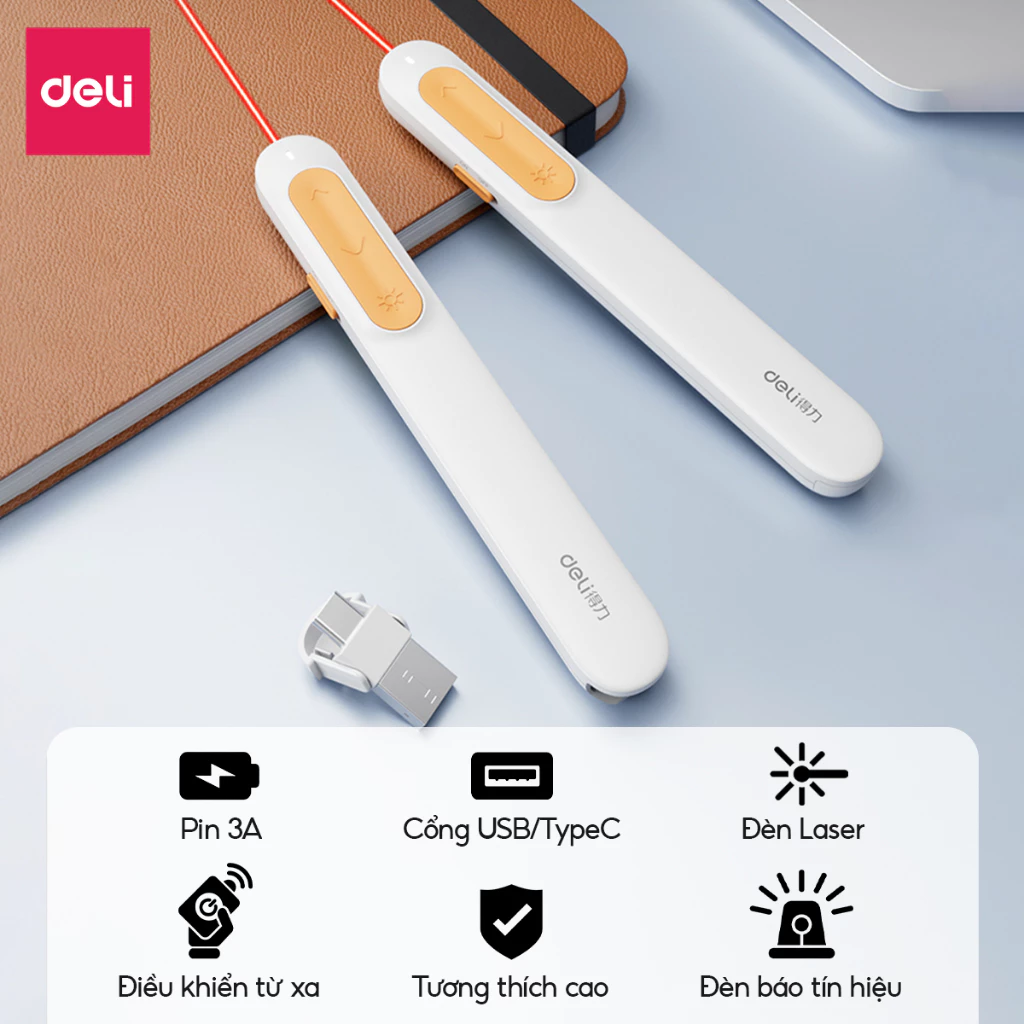 Bút Trình Chiếu DELI Bút Thuyết Trình Powerpoint Laser Điều Khiển Từ Xa 100M Kết Nối USB TypeC